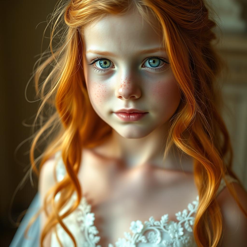 A beautiful girl with long ginger hair, her skin sprinkled with charming freckles