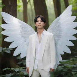 A distinctly sharp-featured Lee Heeseung from Enhypen, accentuated with large, grand white fairy wings, standing amidst the glowing flora and ancient, majestic trees of a mystical forest.