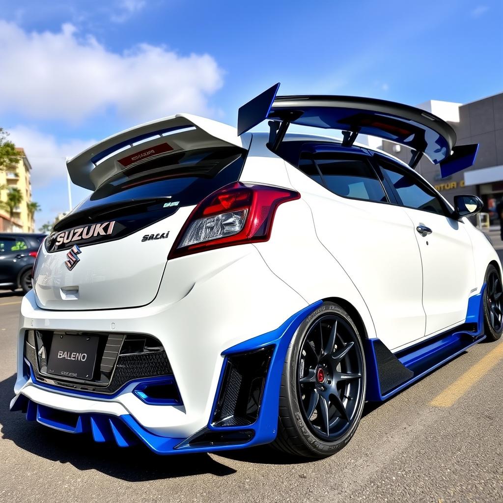 A customized Suzuki Baleno featuring an ultra wide body kit and a McLaren-style rear spoiler, complete with an eye-catching rear diffuser