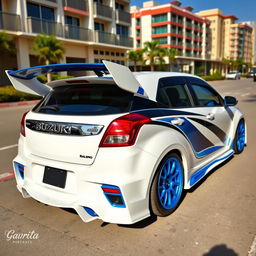 A customized Suzuki Baleno featuring an ultra wide body kit and a McLaren-style rear spoiler, complete with an eye-catching rear diffuser