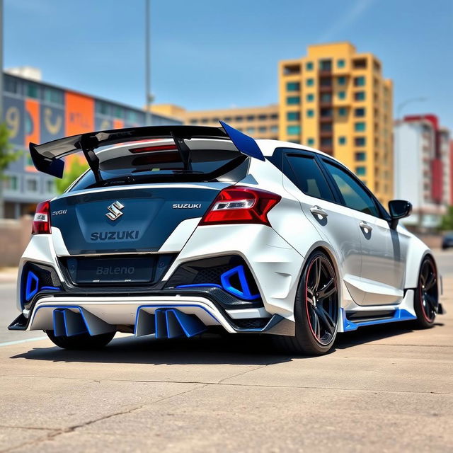 A customized Suzuki Baleno featuring an ultra wide body kit and a McLaren-style rear spoiler, complete with an eye-catching rear diffuser