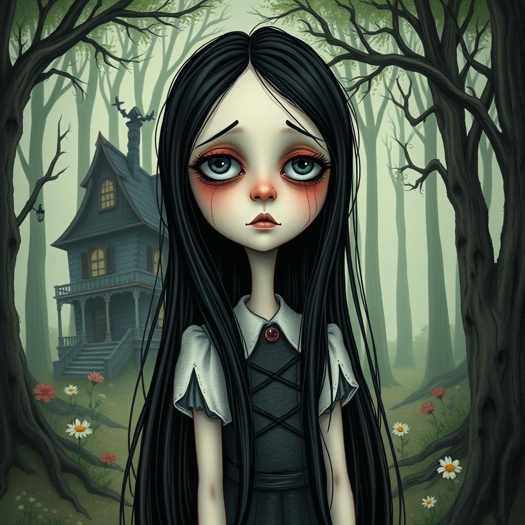 A Tim Burton style illustration of a girl with long black hair, her skin pale and eyes showing subtle bruises, portraying tiredness