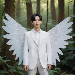 A distinctly sharp-featured Lee Heeseung from Enhypen, accentuated with large, grand white fairy wings, standing amidst the glowing flora and ancient, majestic trees of a mystical forest.