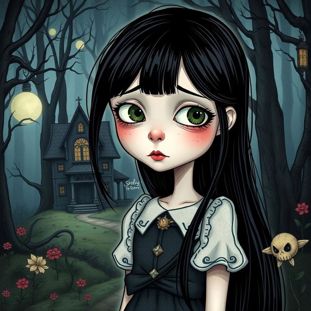 A Tim Burton style illustration of a girl with long black hair, her skin pale and eyes showing subtle bruises, portraying tiredness