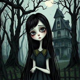 A Tim Burton style illustration of a girl with long black hair, her skin pale and eyes showing subtle bruises, portraying tiredness