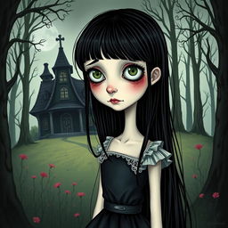 A Tim Burton style illustration of a girl with long black hair, her skin pale and eyes showing subtle bruises, portraying tiredness