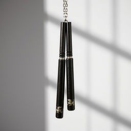 A beautifully crafted nunchaku made from high-quality ebony wood, each stick polished to a smooth, glossy finish