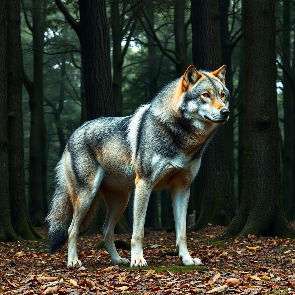 A majestic dire wolf standing proudly in a dense forest, its massive size and muscular build prominent