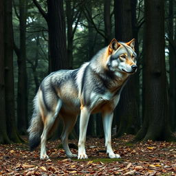 A majestic dire wolf standing proudly in a dense forest, its massive size and muscular build prominent