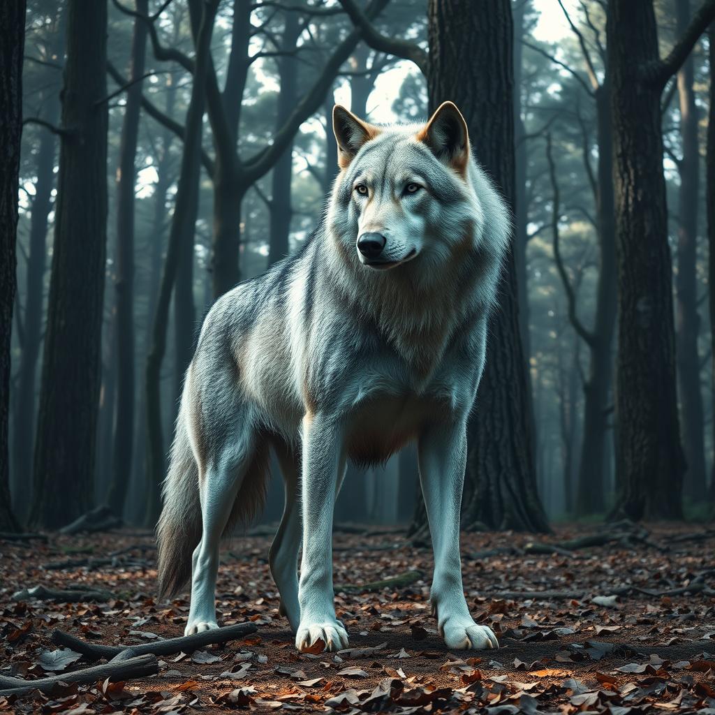 A majestic dire wolf standing proudly in a dense forest, its massive size and muscular build prominent