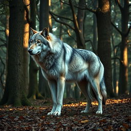 A majestic dire wolf standing proudly in a dense forest, its massive size and muscular build prominent