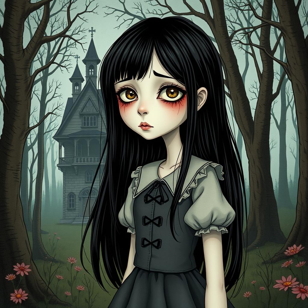 A full-length Tim Burton style illustration of a girl with long black hair, her pale skin accentuated by tired, subtly bruised eyes