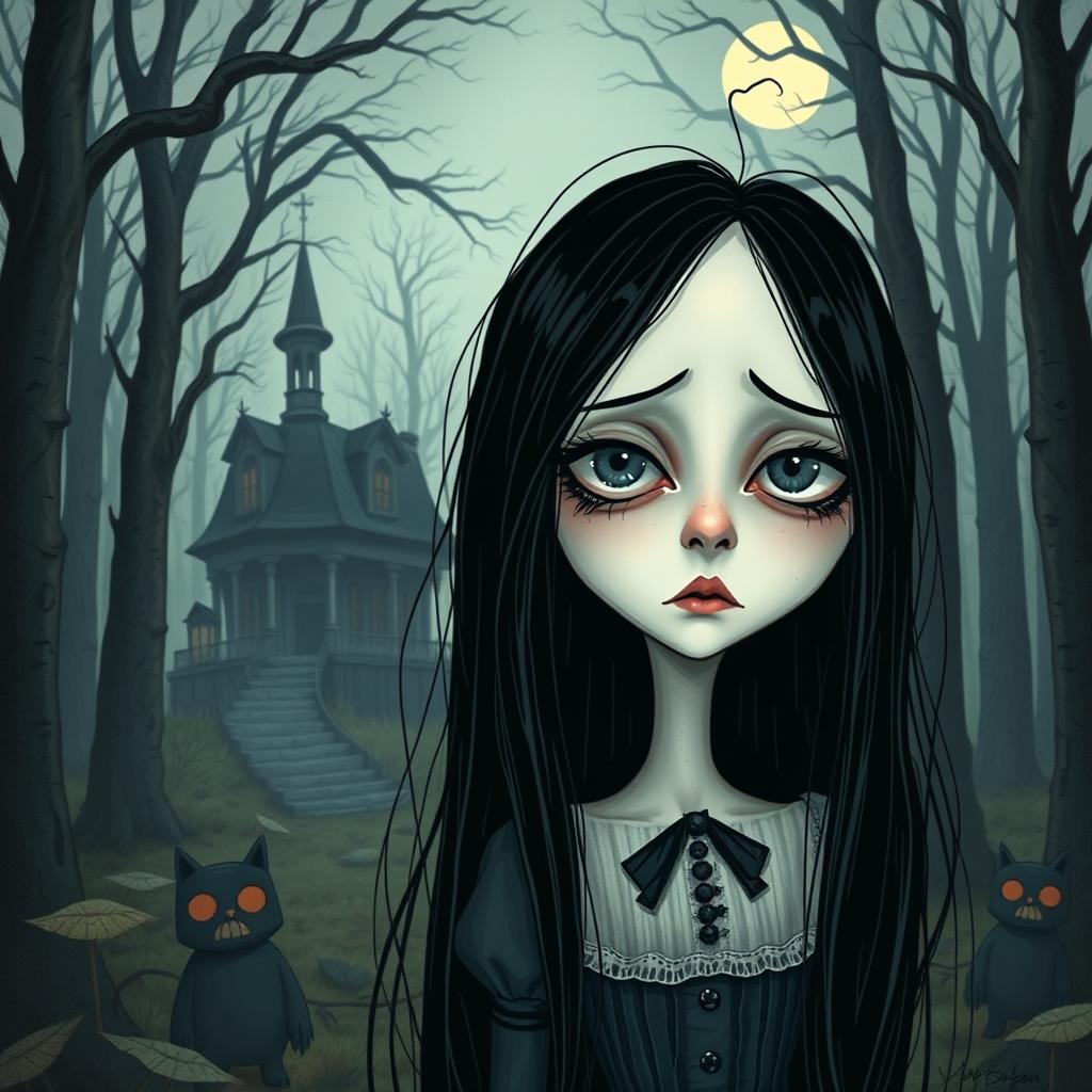 A full-length Tim Burton style illustration of a girl with long black hair, her pale skin accentuated by tired, subtly bruised eyes