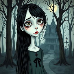 A full-length Tim Burton style illustration of a girl with long black hair, her pale skin accentuated by tired, subtly bruised eyes