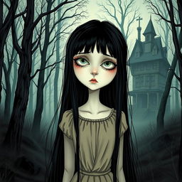 A full-length Tim Burton style illustration of a girl with long black hair, her pale skin accentuated by tired, subtly bruised eyes