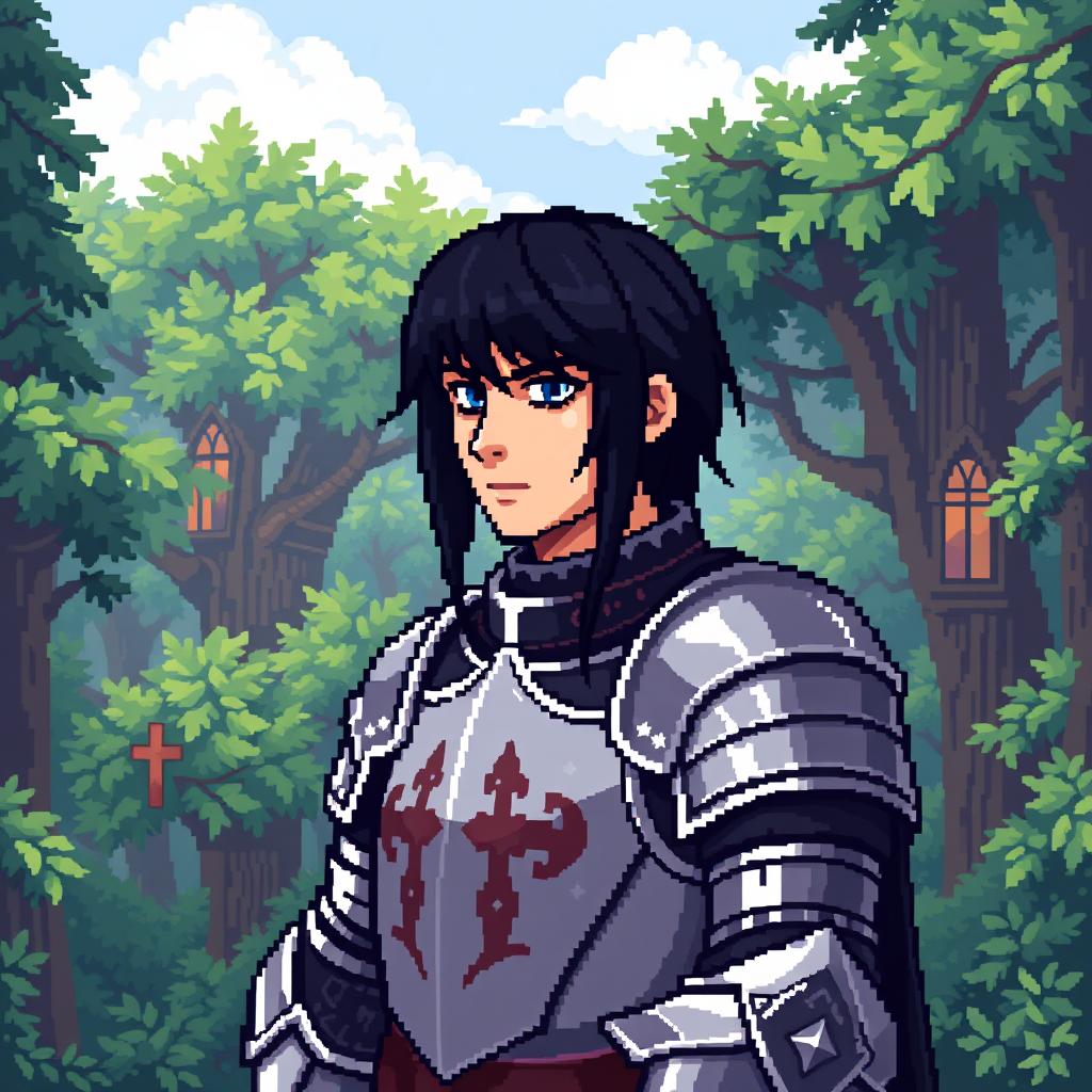 A pixel art depiction of a knight in shining armor with dark black hair and distinctive bangs