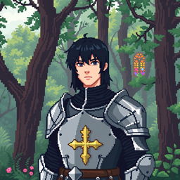 A pixel art depiction of a knight in shining armor with dark black hair and distinctive bangs