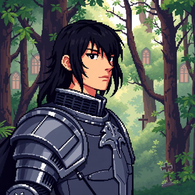 A pixel art depiction of a knight in shining armor with dark black hair and distinctive bangs