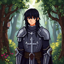 A pixel art depiction of a knight in shining armor with dark black hair and distinctive bangs