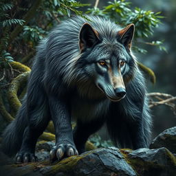 A strong and imposing dire wolf depicted in a natural habitat, its size and power highlighted