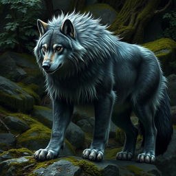 A strong and imposing dire wolf depicted in a natural habitat, its size and power highlighted