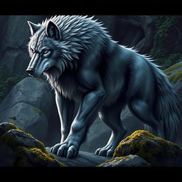 A strong and imposing dire wolf depicted in a natural habitat, its size and power highlighted