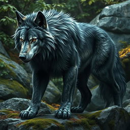 A strong and imposing dire wolf depicted in a natural habitat, its size and power highlighted