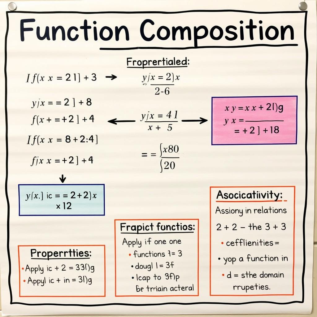 A detailed educational poster highlighting the mathematical concept of function composition, featuring the composition formula and its properties