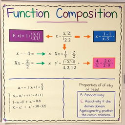 A detailed educational poster highlighting the mathematical concept of function composition, featuring the composition formula and its properties