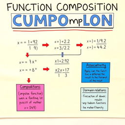 A detailed educational poster highlighting the mathematical concept of function composition, featuring the composition formula and its properties