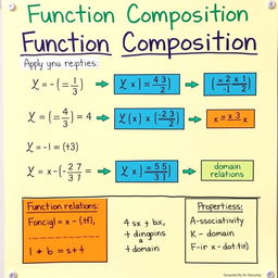 A detailed educational poster highlighting the mathematical concept of function composition, featuring the composition formula and its properties