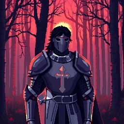 A pixel art depiction of a knight in shining armor with dark black hair, set against a forest backdrop at dawn