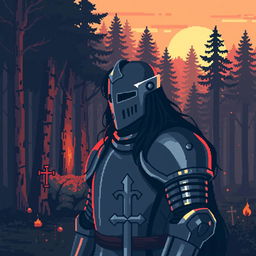 A pixel art depiction of a knight in shining armor with dark black hair, set against a forest backdrop at dawn