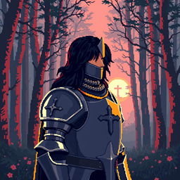 A pixel art depiction of a knight in shining armor with dark black hair, set against a forest backdrop at dawn