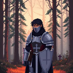 A pixel art depiction of a knight in shining armor with dark black hair, set against a forest backdrop at dawn