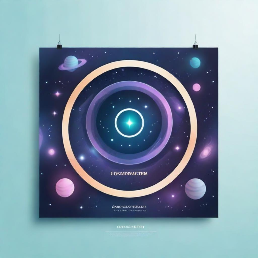 A banner design with a gorgeous, centered inscription 'COSMOFACTOR' incorporating a cosmic, mysterious, and mystical theme, crafted with realistic visual elements.