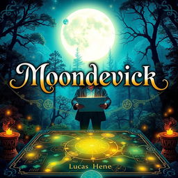 A captivating book cover for “Moondevick”, featuring an elegant and magical title in sophisticated typography