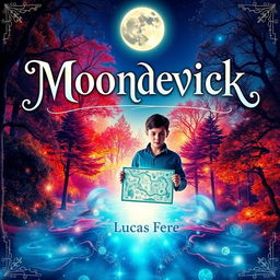 A captivating book cover for “Moondevick”, featuring an elegant and magical title in sophisticated typography