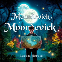 A captivating book cover for “Moondevick”, featuring an elegant and magical title in sophisticated typography