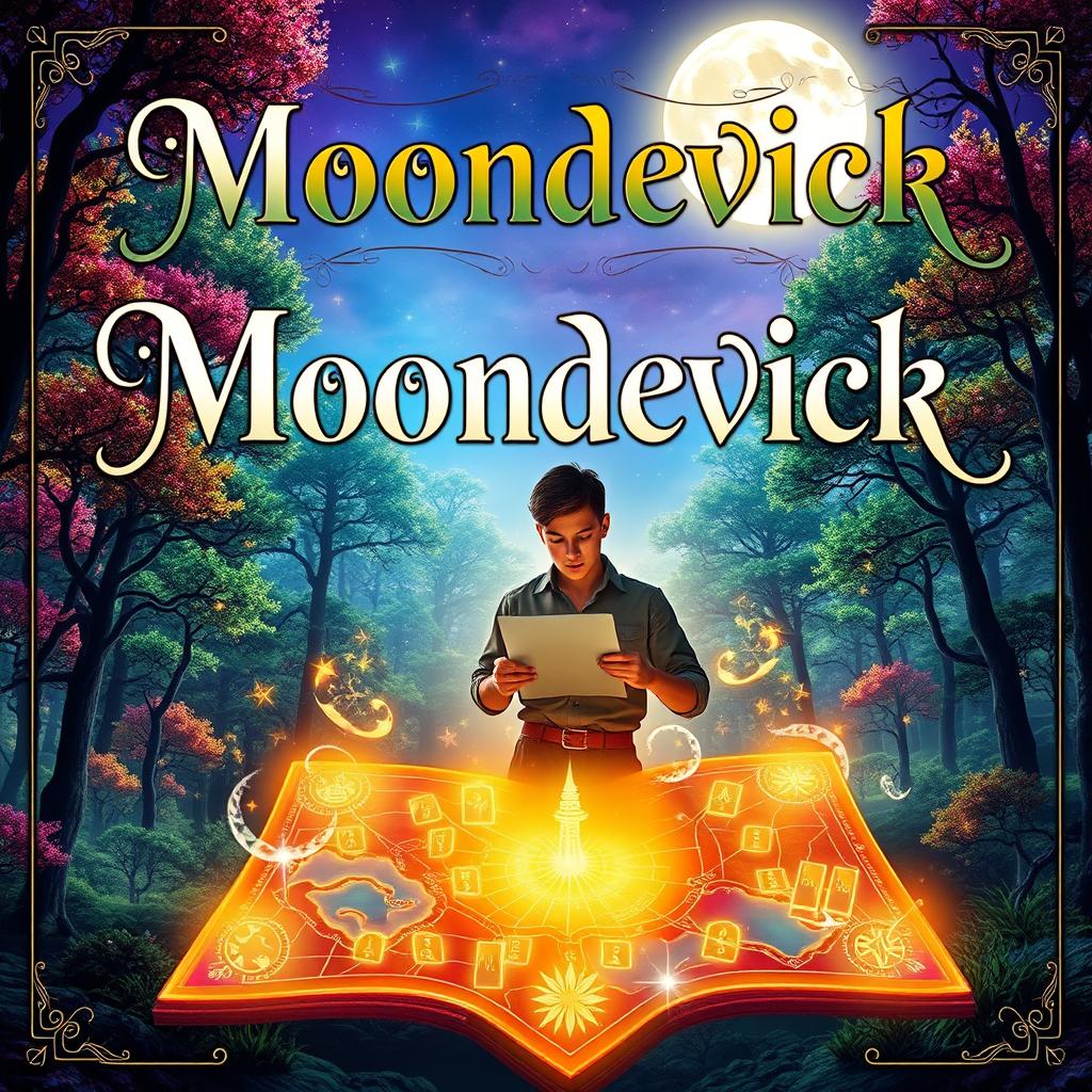 A captivating book cover for “Moondevick”, featuring an elegant and magical title in sophisticated typography