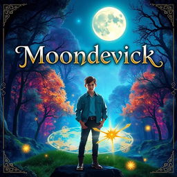 A captivating book cover for “Moondevick”, featuring an elegant and magical title in sophisticated typography