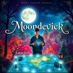 A captivating book cover for “Moondevick”, featuring an elegant and magical title in sophisticated typography