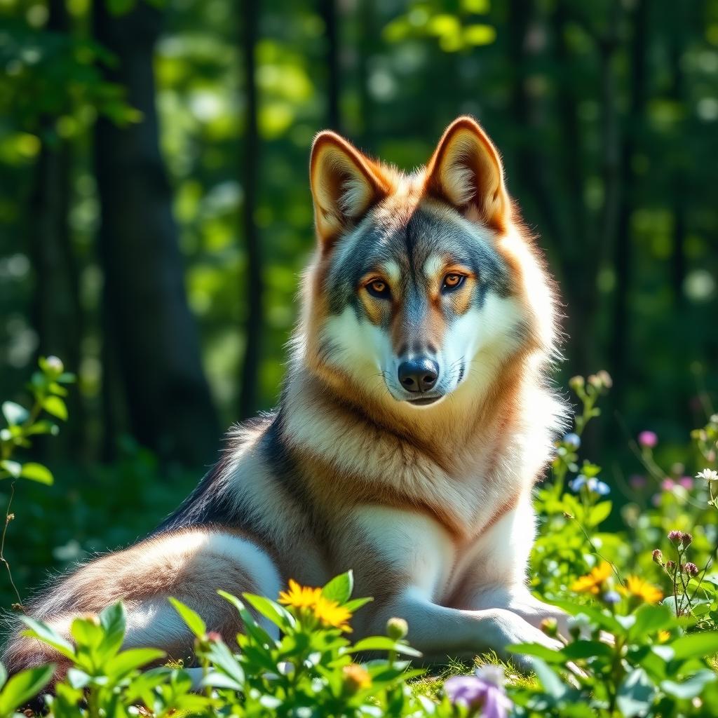 A wolf with large, droopy ears, sitting gracefully in a serene forest clearing