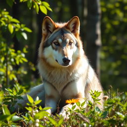 A wolf with large, droopy ears, sitting gracefully in a serene forest clearing