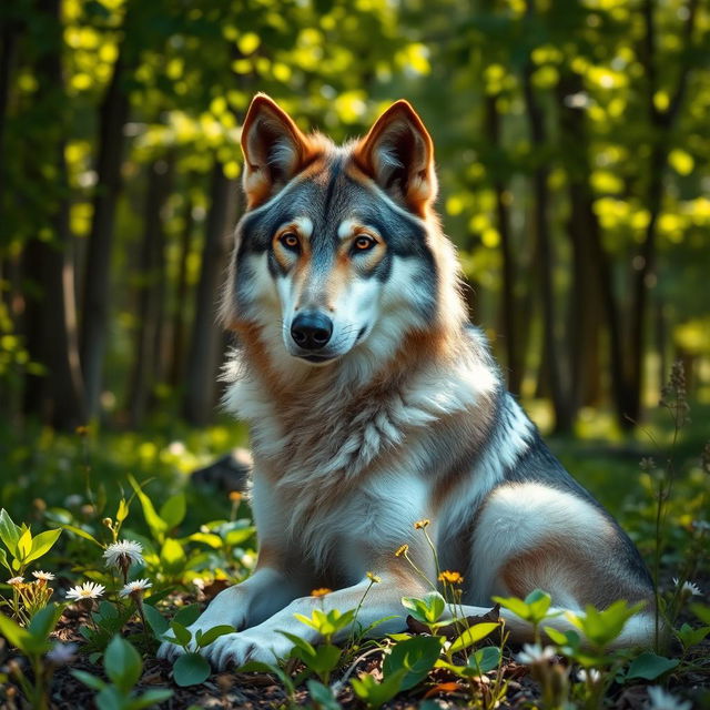 A wolf with large, droopy ears, sitting gracefully in a serene forest clearing