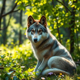 A wolf with large, droopy ears, sitting gracefully in a serene forest clearing