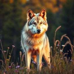 A wolf with large, droopy, flappy ears, standing proudly at the edge of a forest