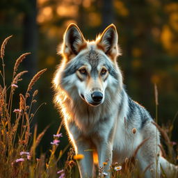 A wolf with large, droopy, flappy ears, standing proudly at the edge of a forest