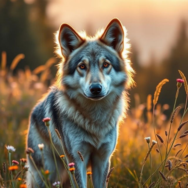 A wolf with large, droopy, flappy ears, standing proudly at the edge of a forest