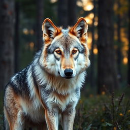 A wolf with large, droopy, flappy ears, standing in a tranquil forest setting